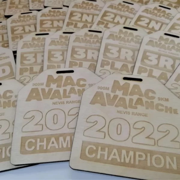 A group of wooden tags with the words mac avalanche 2020 and climbing.