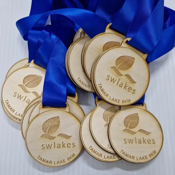 A set of wooden medals with blue ribbons.