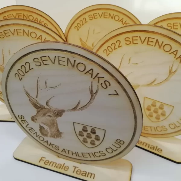 A set of wooden plaques with a deer on them, ideal for displaying running medals.