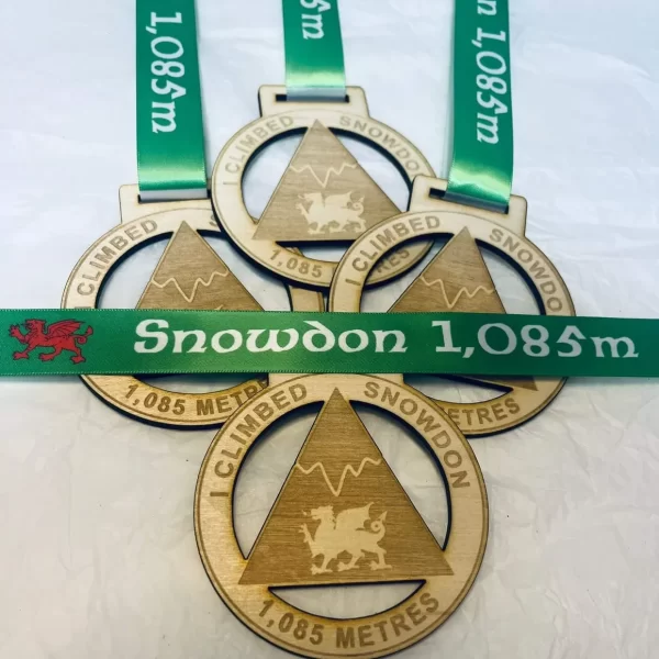 Four wooden climbing medals with green ribbons.
