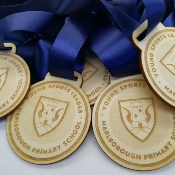 A collection of Sports Day medals with blue ribbons.