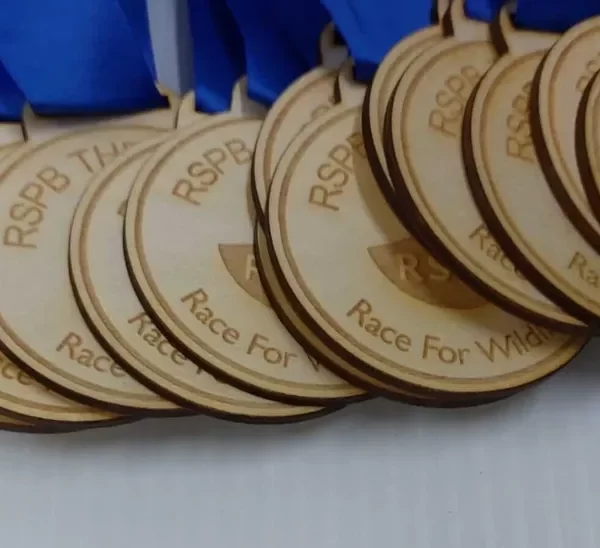A group of running medals with blue ribbons.