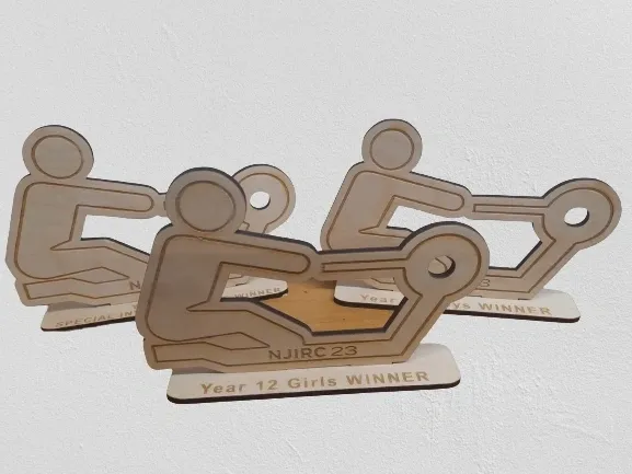 Three wooden plaques with a person riding a bike, showcasing their sailing medals.