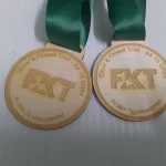 Two wooden medals with the word ftt on them.