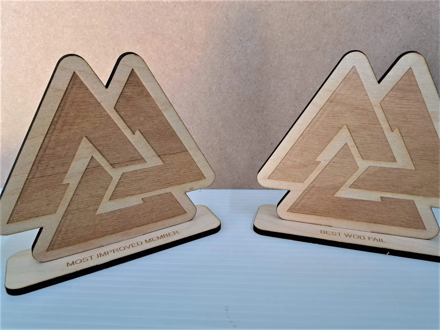 Two sustainable wooden plaques with a triangle design on them.