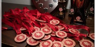 Custom medals and trophies on a table with red ribbons.