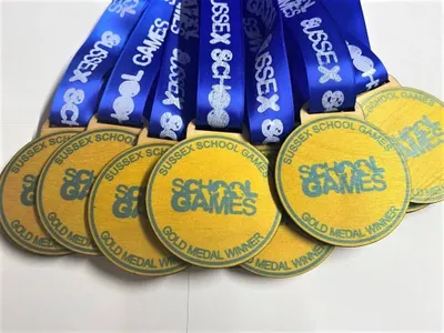 A set of Sports Day medals with blue ribbons.