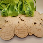 A group of wooden medals with green ribbons.