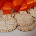 A group of wooden pumpkin medals with orange ribbons.