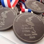 Close-up of medals labeled "Conquered Alpe d'Huez 2024" with details about the climb, featuring a bike image and tricolor ribbons.