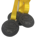 Three dark-colored medals with yellow ribbons, each engraved with the year 2024 and award titles: Mary Freestone WSRFL Appearance Award and James McKie Runner of the Month - September.