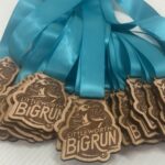 A close-up of several wooden medals with blue ribbons, engraved with the image of a ram and the words Littleworth Big Run. The medals are arranged in a pile on a white surface.