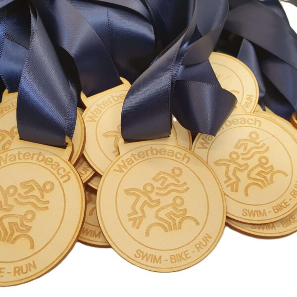 Custom wooden medal for triathlon event