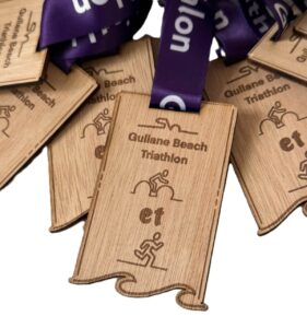 Custom wooden medal for triathlon event