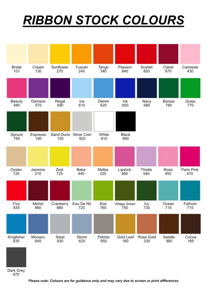 A chart displaying 44 sustainable medal ribbons in various colours, with colour swatches, names, and codes—including shades like Bridal, Sunflower, Scarlet, Ink, Espresso, Zest, Lipstick, Rose Gold, Gold Leaf, and Pebble.