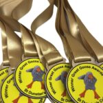 Six gold medals with yellow centres read Winner Great Goose Awards St Dunstans College and feature a cartoon goose wearing a hoodie, all attached to gold ribbons.