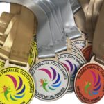 Gold, silver, and bronze medals with colourful bird logos and SUSSEX PARALLEL YOUTH GAMES text, labelled as gold, silver, or bronze medal winner, arranged in overlapping rows with matching coloured ribbons.