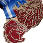 Several red and gold squirrel-shaped medals with blue and white ribbons are stacked together. The medals read Strathearn Marathon.